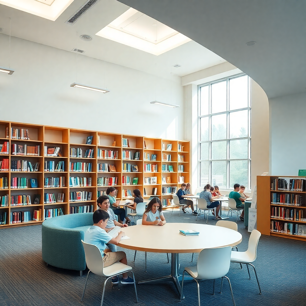 modern school library with students reading, bookshelves, comfortable seating areas, natural lighting, spacious and inviting