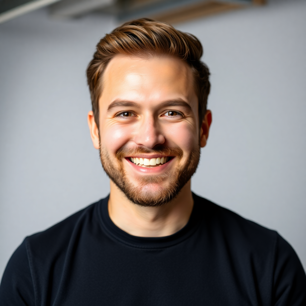 Portrait of a friendly bearded man in his 30s, founder of an EdTech startup, smiling warmly, studio lighting