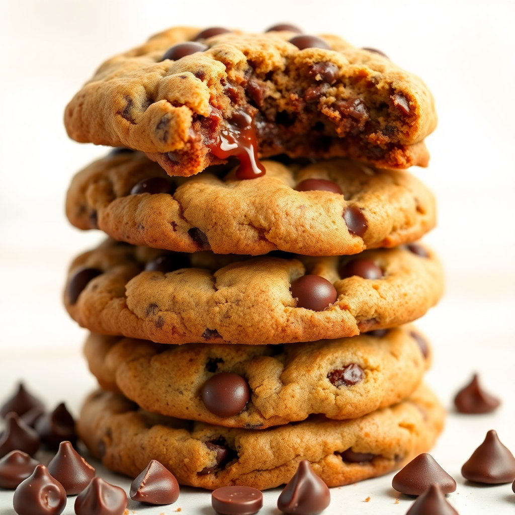 Stack of delicious chocolate chip cookies with melting chocolate chunks on a light background, high quality food photography