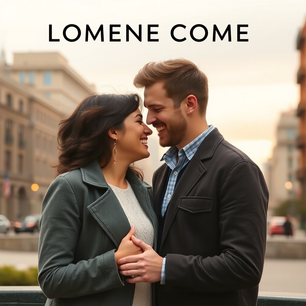 romantic comedy poster, couple laughing in city