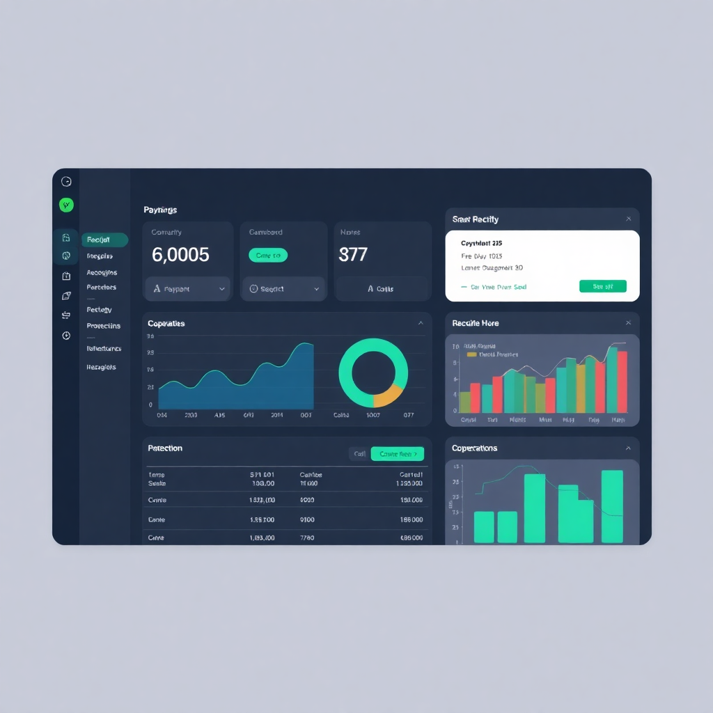 fee management dashboard showing payment analytics, online payment gateway, receipt generation, financial reports, accounting integration interface
