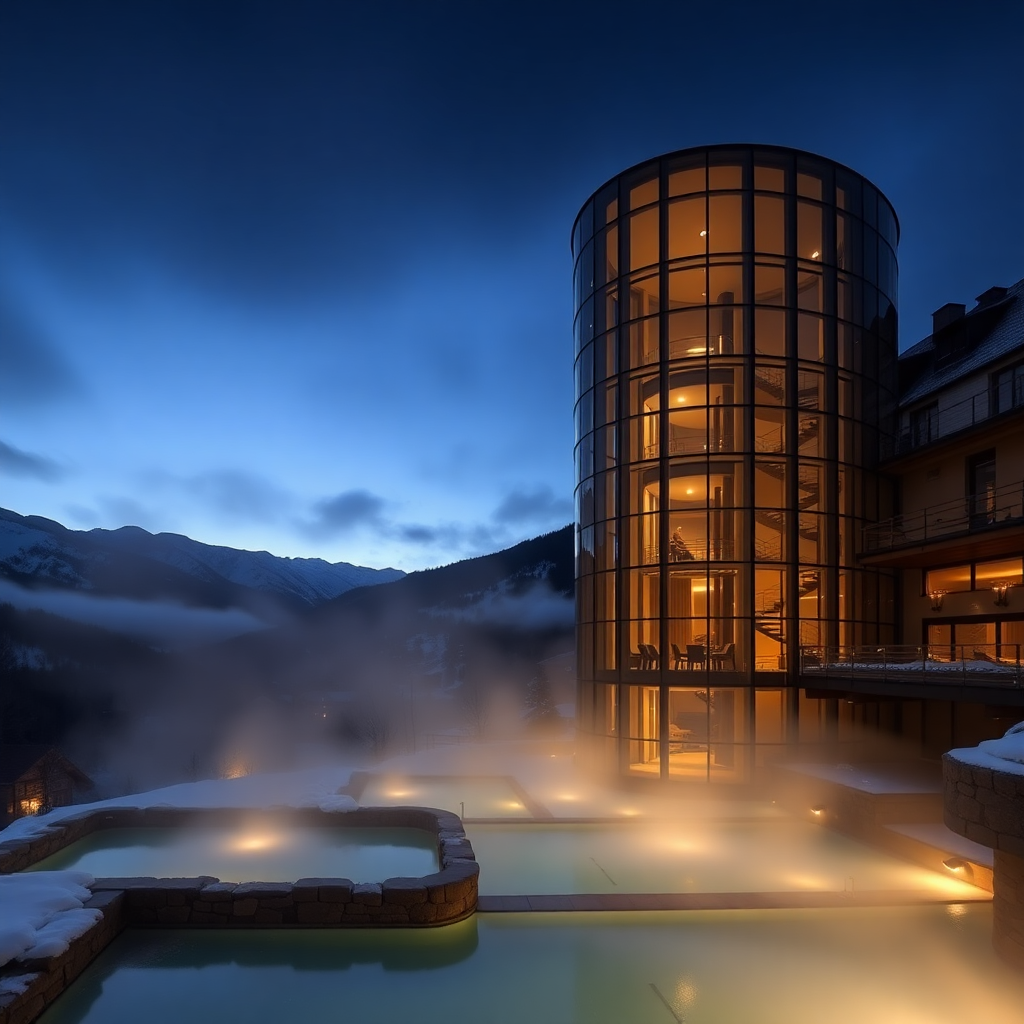 Caldea thermal spa Escaldes-Engordany Andorra dramatic glass tower exterior thermal pools steam rising Pyrenees mountains backdrop luxury editorial photography dark cinematic moody alpine evening