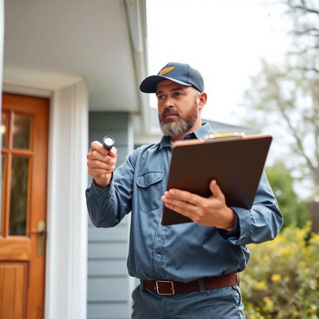 pest control technician inspecting home with clipboard and flashlight, professional inspection