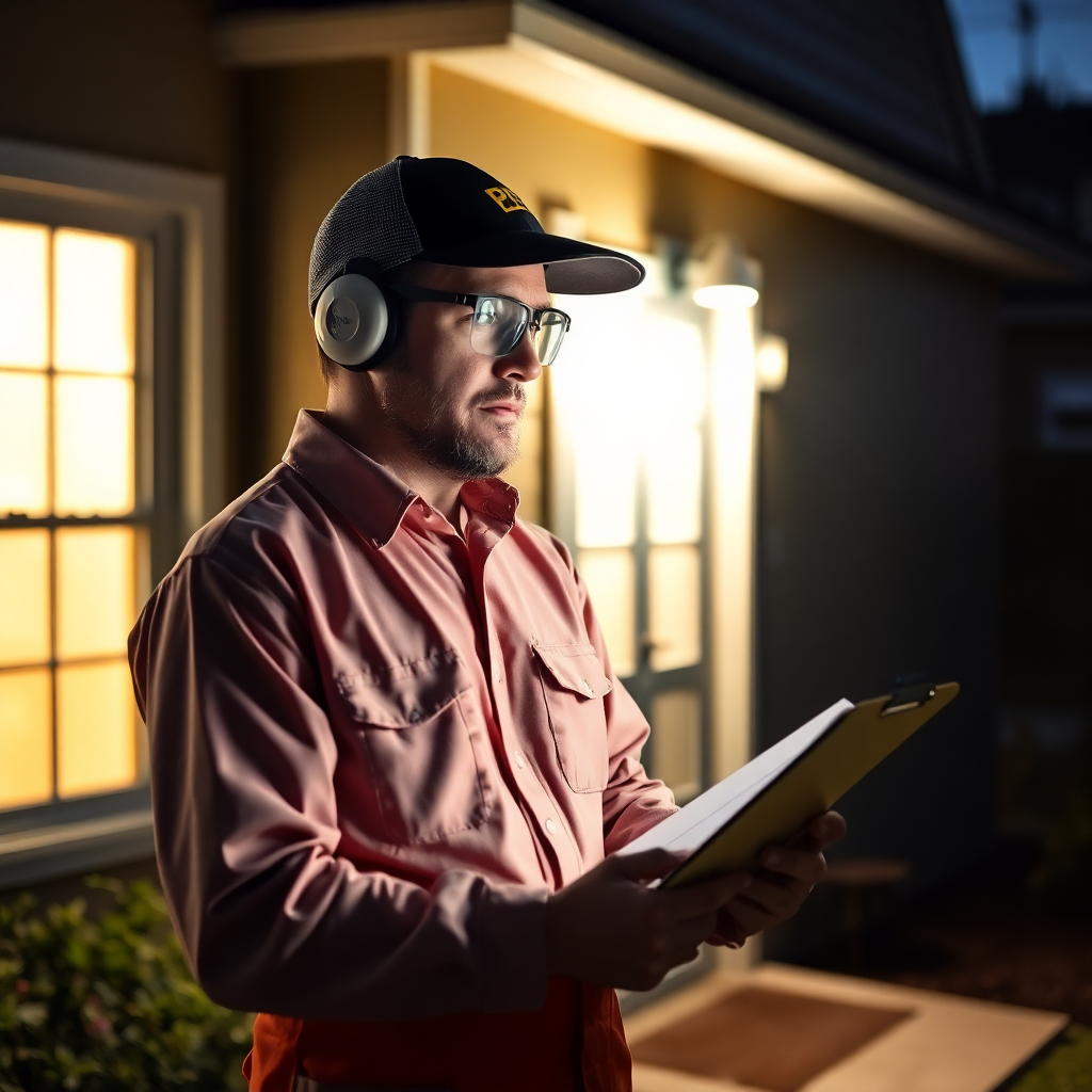 pest control technician inspecting home with clipboard and flashlight, professional inspection