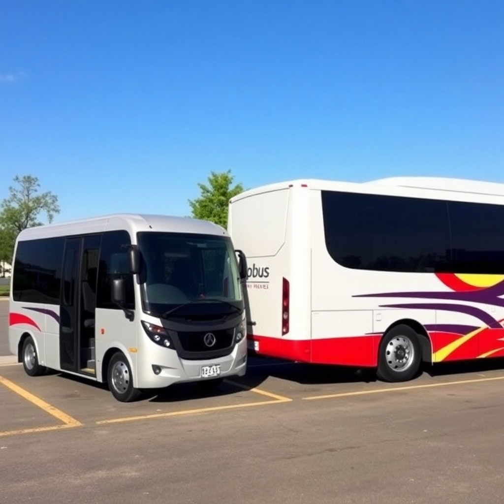 Tempo traveller and bus parked side by side
