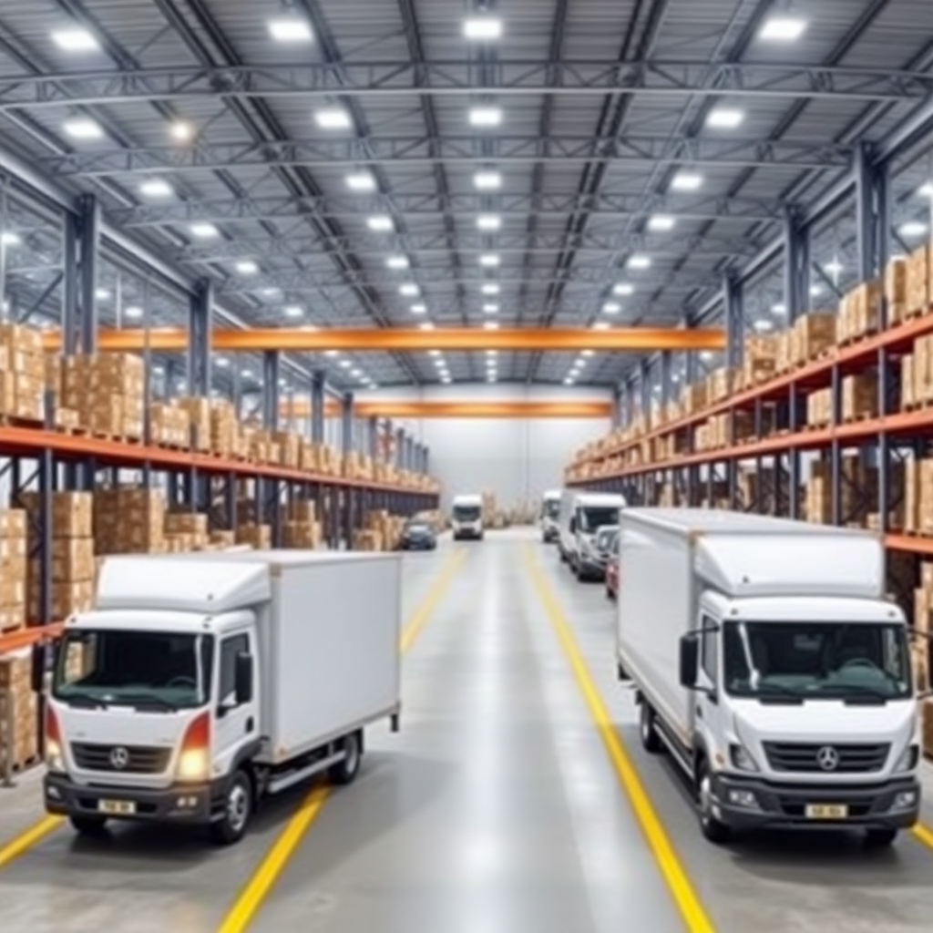 logistics warehouse with digital tracking systems, delivery trucks with GPS, supply chain technology, modern distribution center