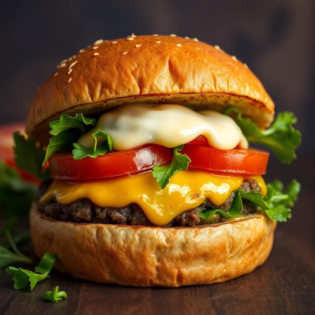 close up of a juicy gourmet burger with melting cheese and fresh vegetables on a dark rustic background