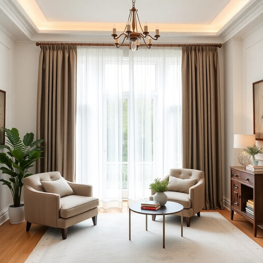 cotton curtains in elegant living room, home window treatments