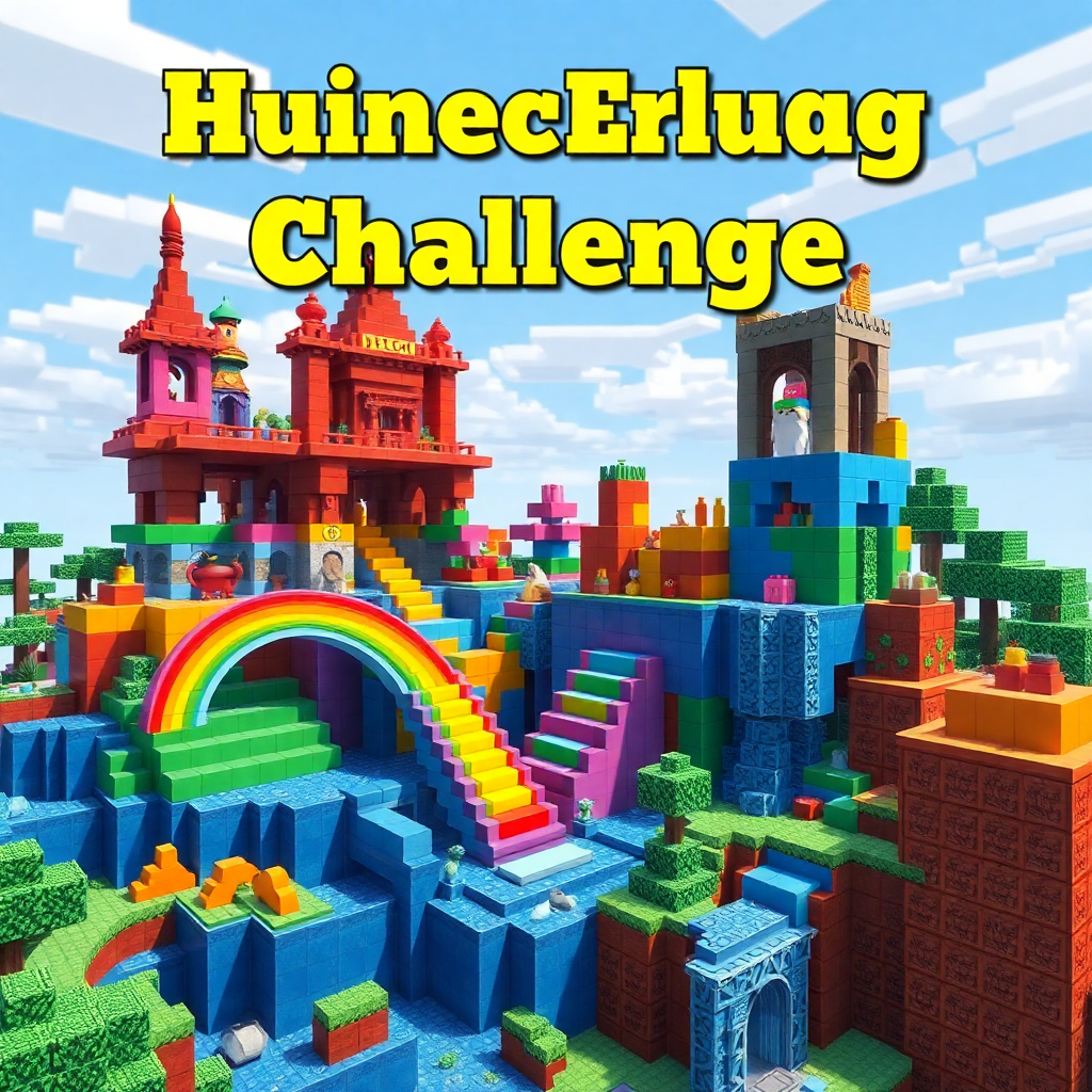 minecraft creative building challenge with artistic structures and rainbow blocks, inspiring scene
