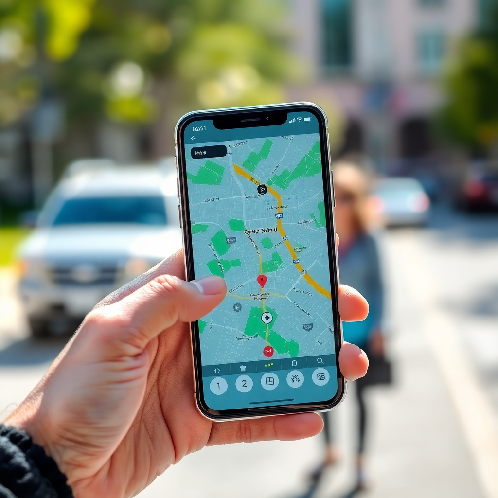 person holding smartphone with booking application, outdoor blurred background