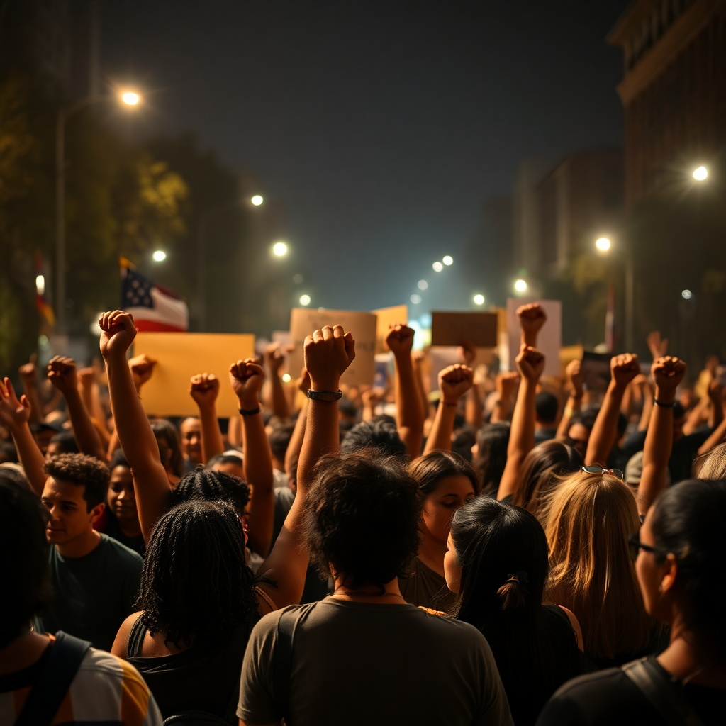 Diverse people of color united in a powerful protest march with raised fists, global solidarity and community gathering