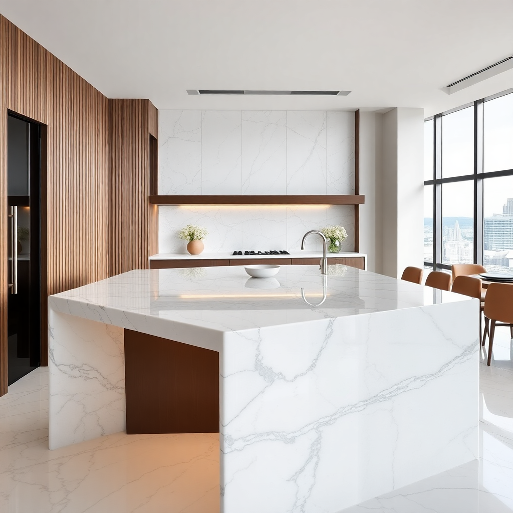 close up of a marble kitchen island with waterfall edge in a high end penthouse