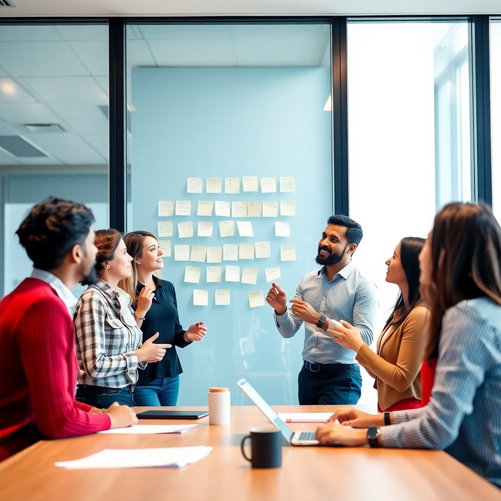 diverse team brainstorming in modern office with sticky notes on glass wall focused and engaged