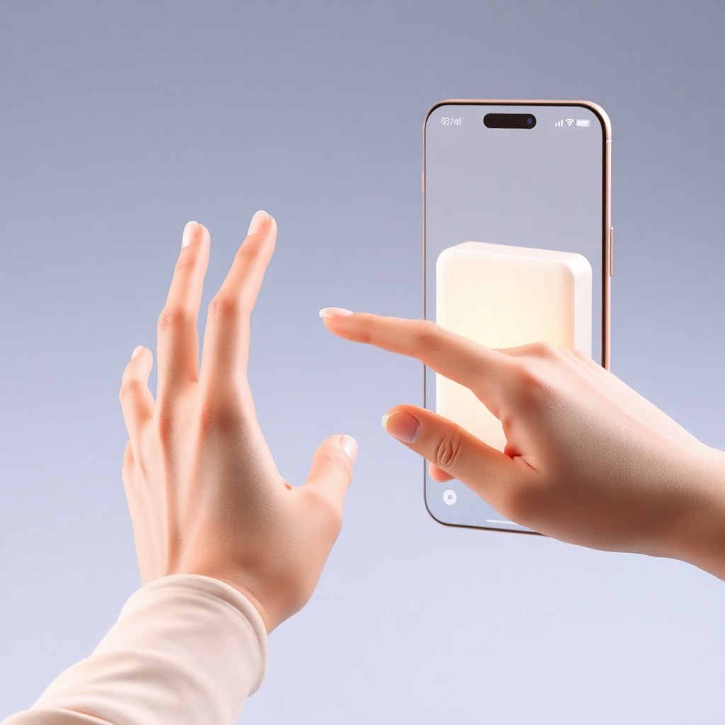 UI mockup showing hand gesture interaction with 3D product model, soft warm interface elements