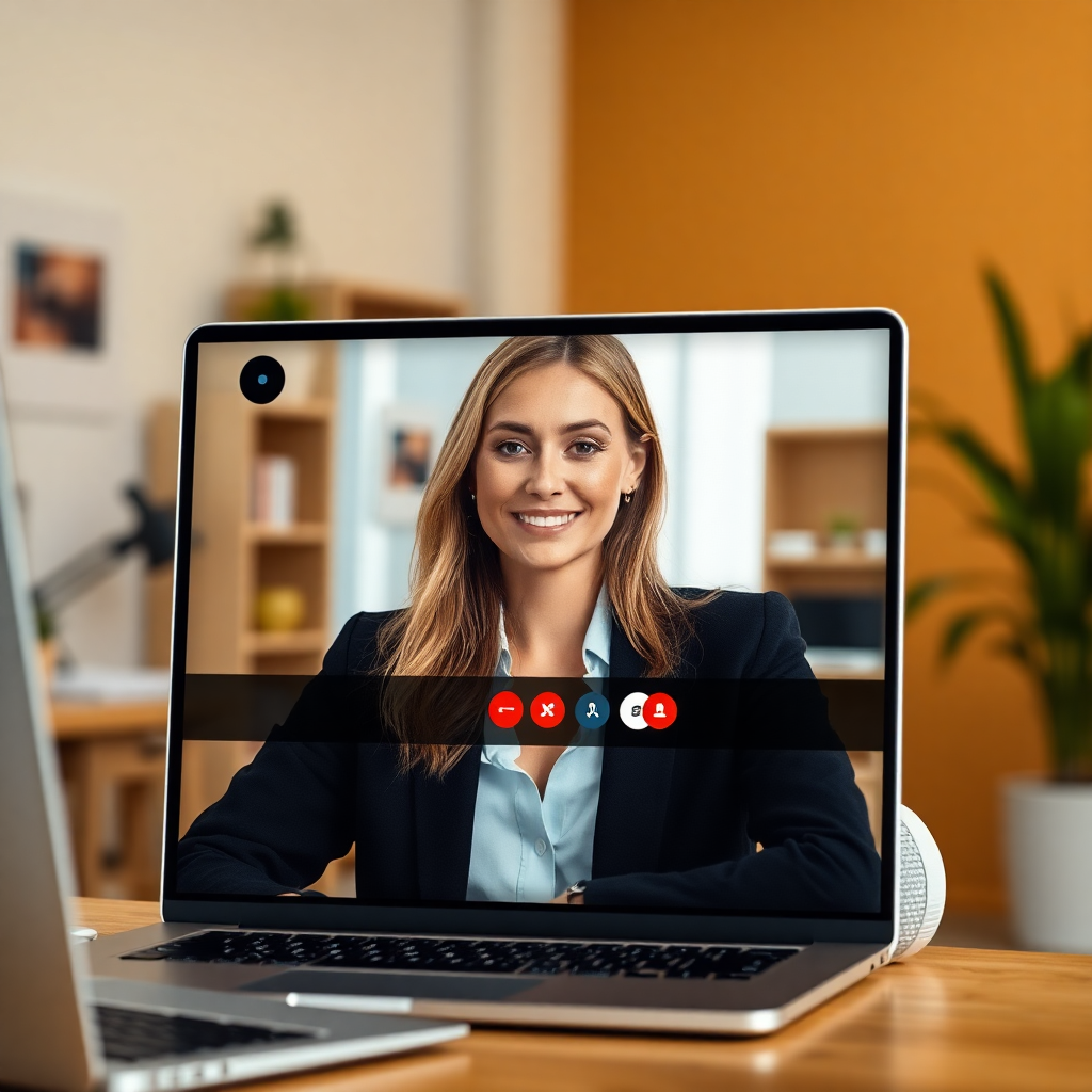 professional woman on video call, warm office background, laptop webcam view, natural lighting