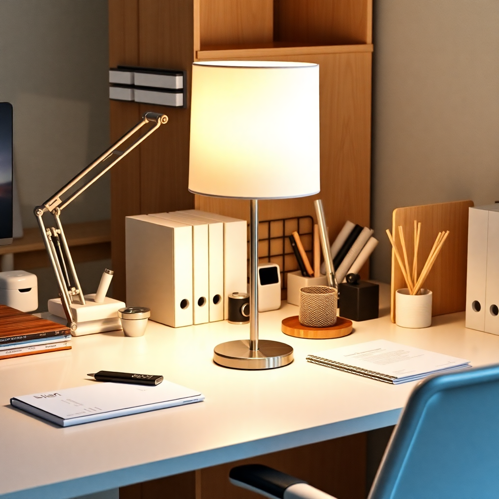 office desk with lamp and accessories, workspace furniture photo
