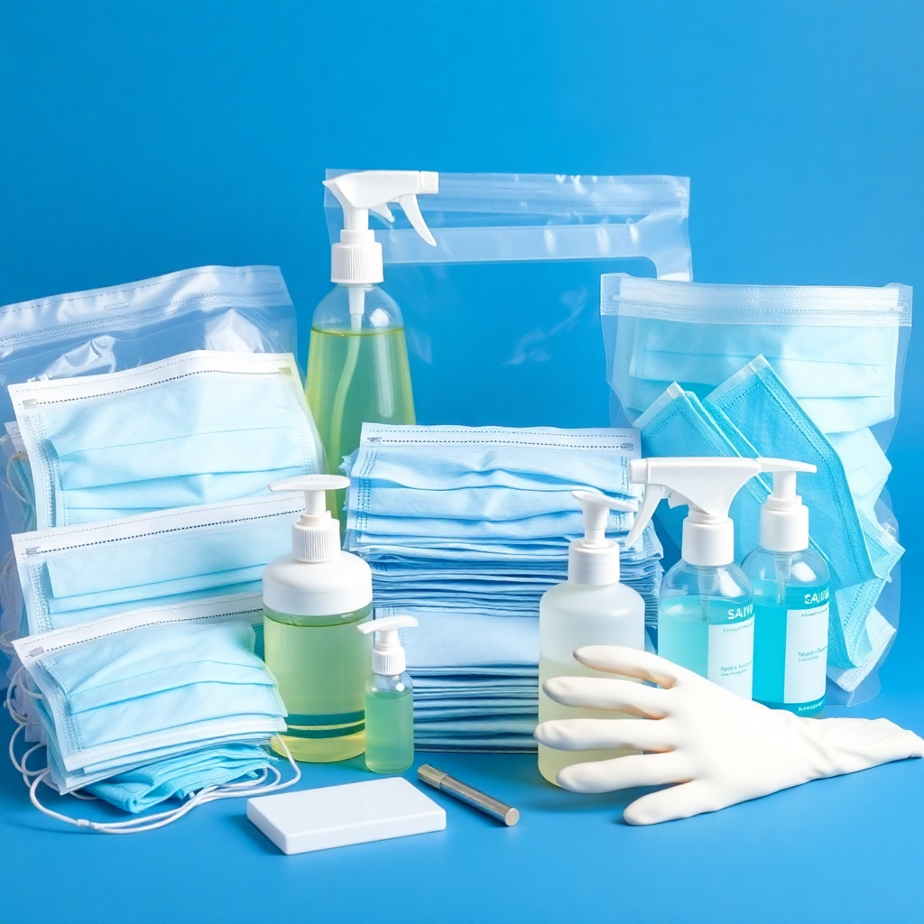 professional medical supplies arrangement, PPE equipment, surgical masks, gloves, sanitizers, medical shields, clean clinical product photography, premium healthcare supplies, deep blue background, professional studio lighting