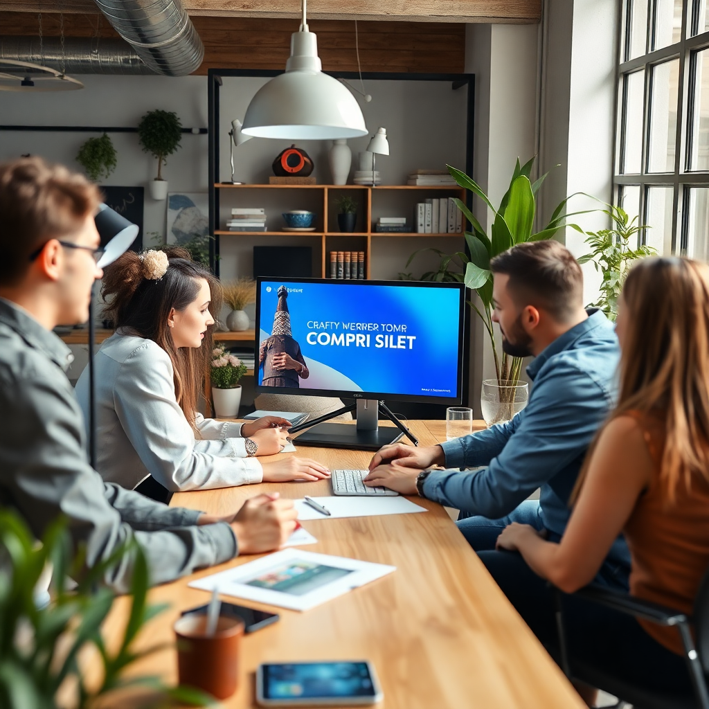 marketing team working on digital campaign, creative office environment