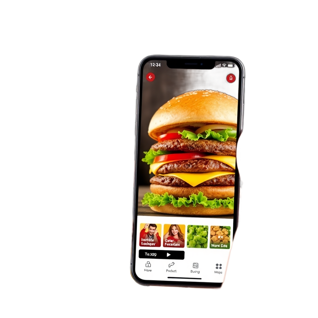 a high-quality smartphone displaying a burger delivery app interface with a large juicy burger image