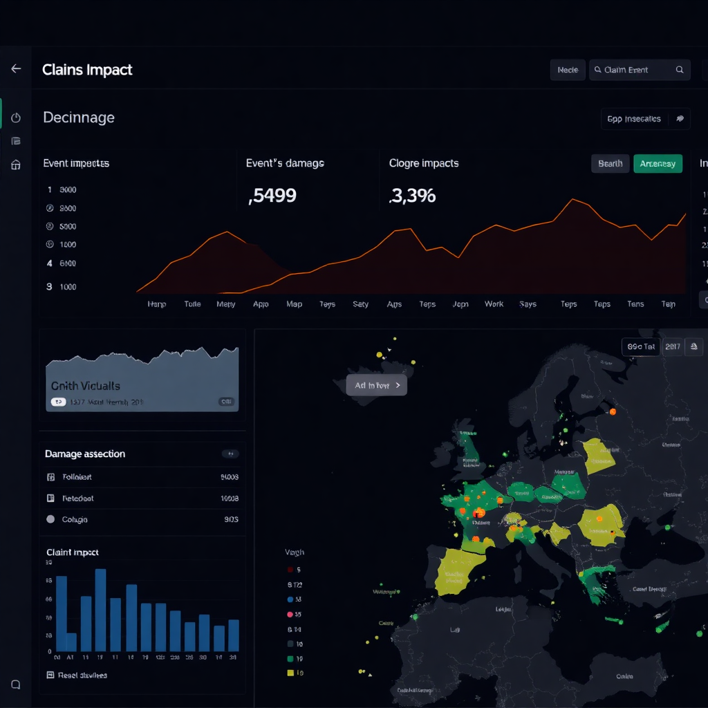claims dashboard with event impact overlay, damage assessment map, dark interface