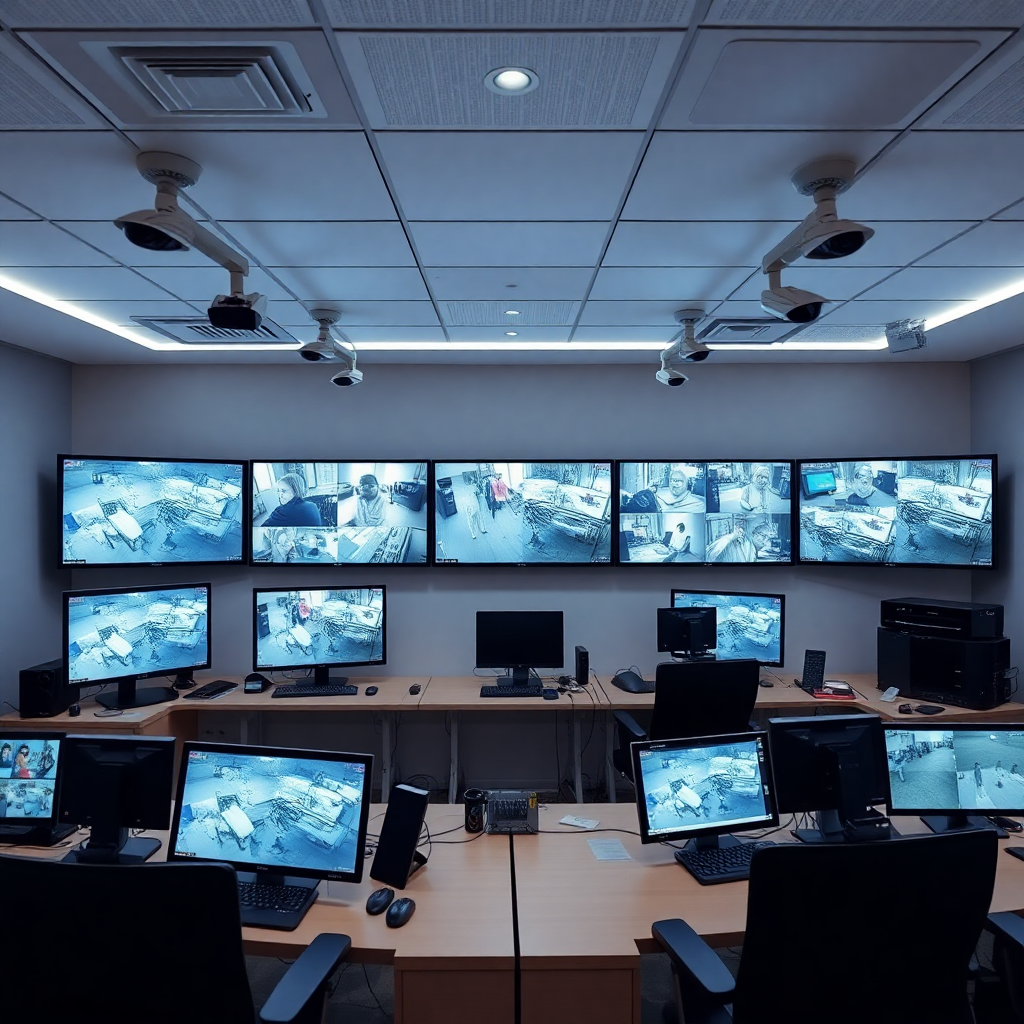 modern security camera system control room with multiple monitors showing surveillance feeds