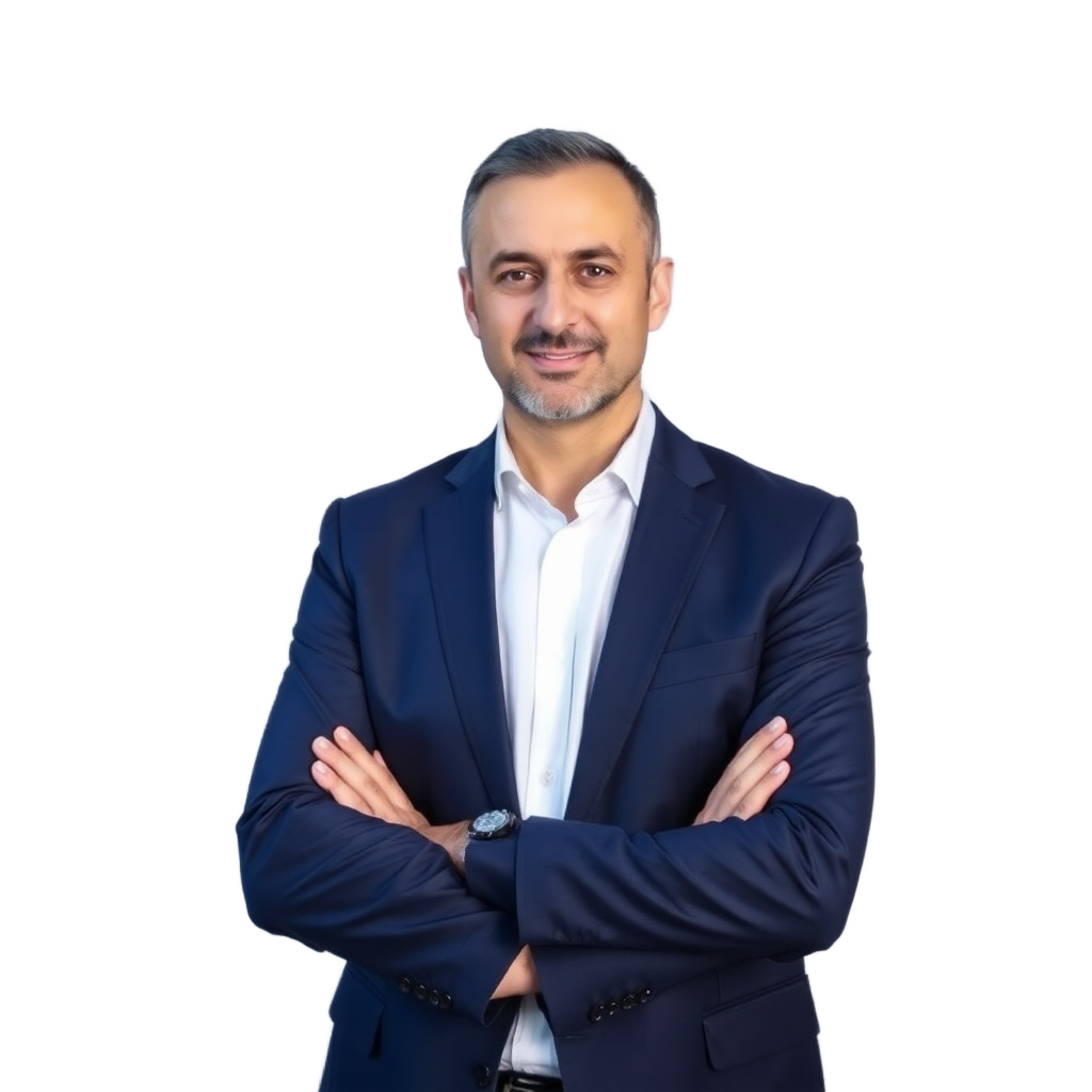 professional Turkish businessman in navy blue suit, corporate technology director portrait, without background