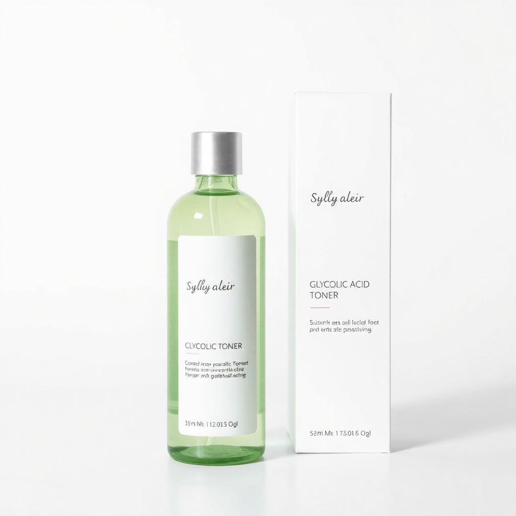 glycolic acid toner bottle, minimal skincare packaging, clean white background, professional product photography