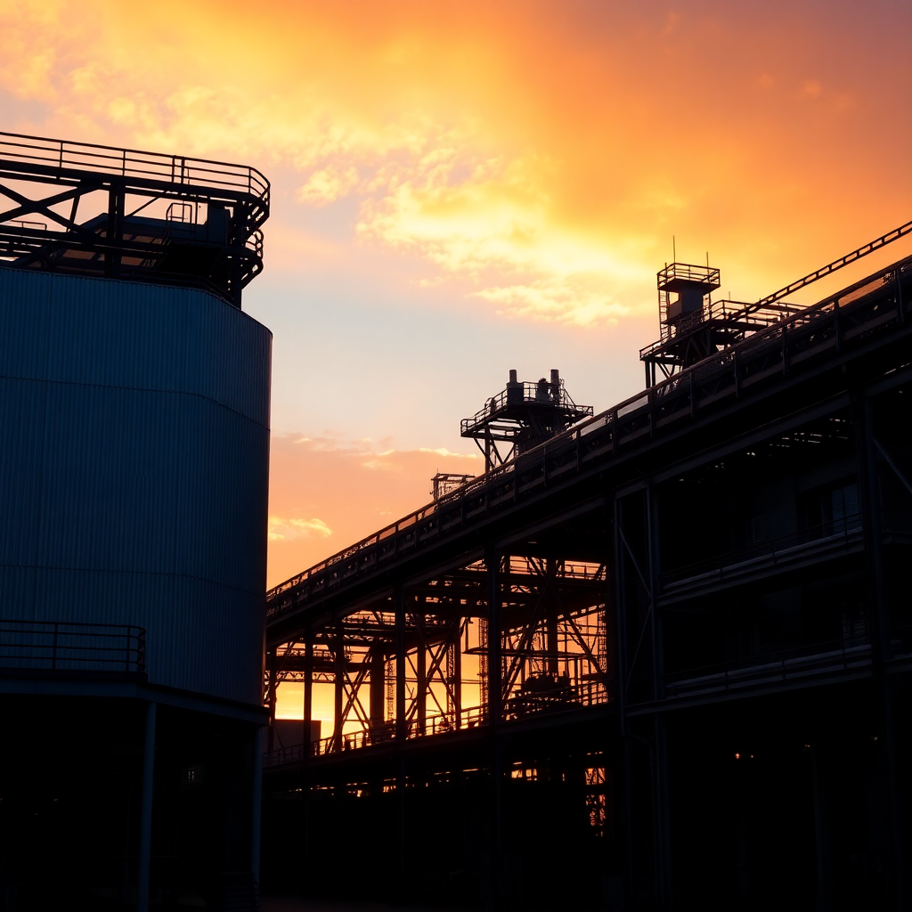 modern industrial complex at sunset with steel structures and orange sky