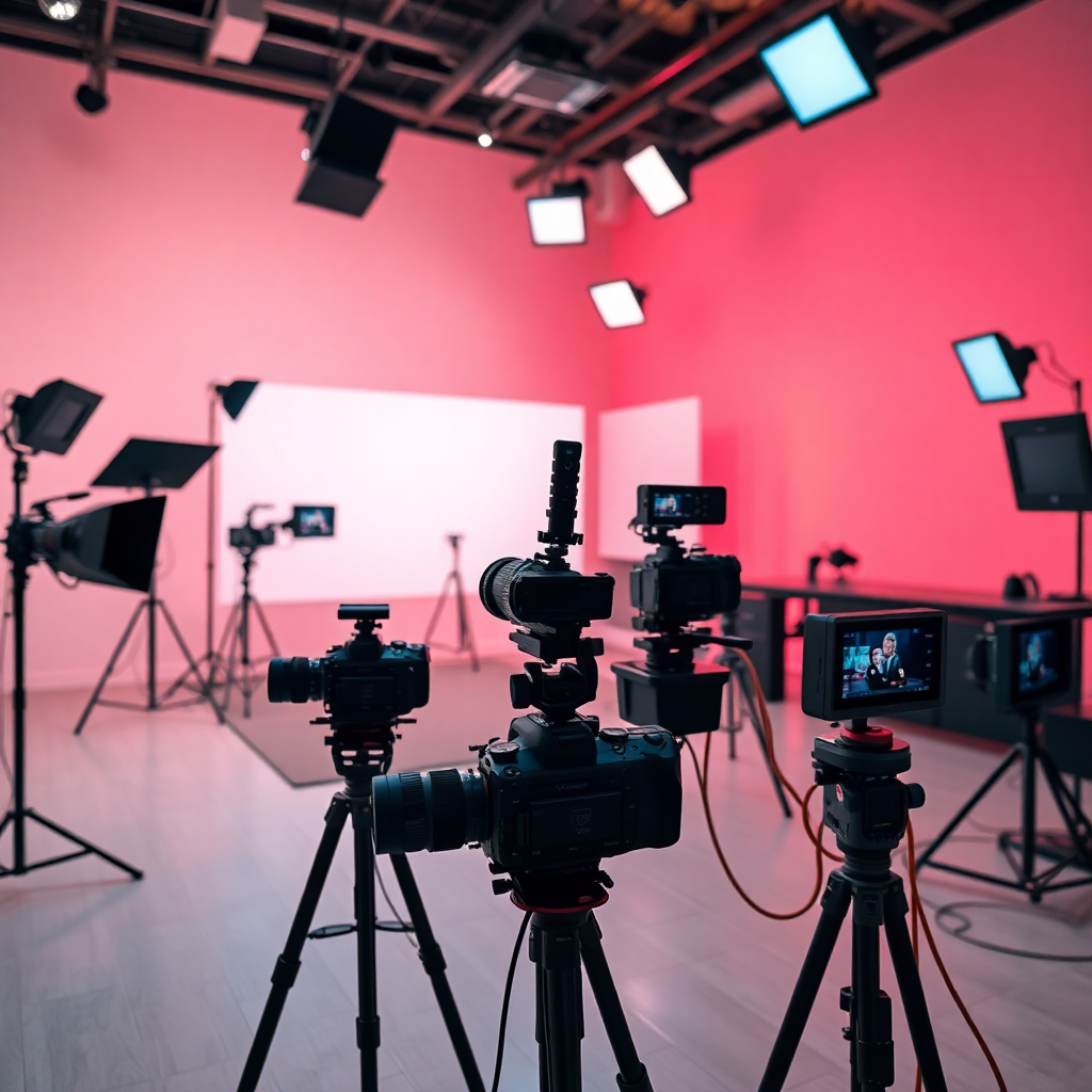modern digital media production studio with cameras, editing equipment, professional lighting setup