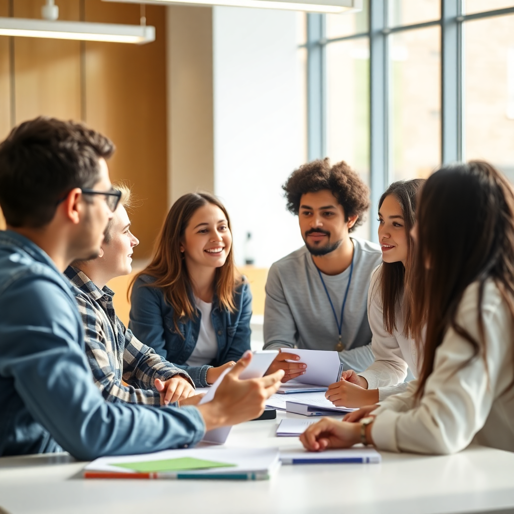 students collaborating in modern classroom, diverse group discussion, interactive learning, bright natural light, engaged faces