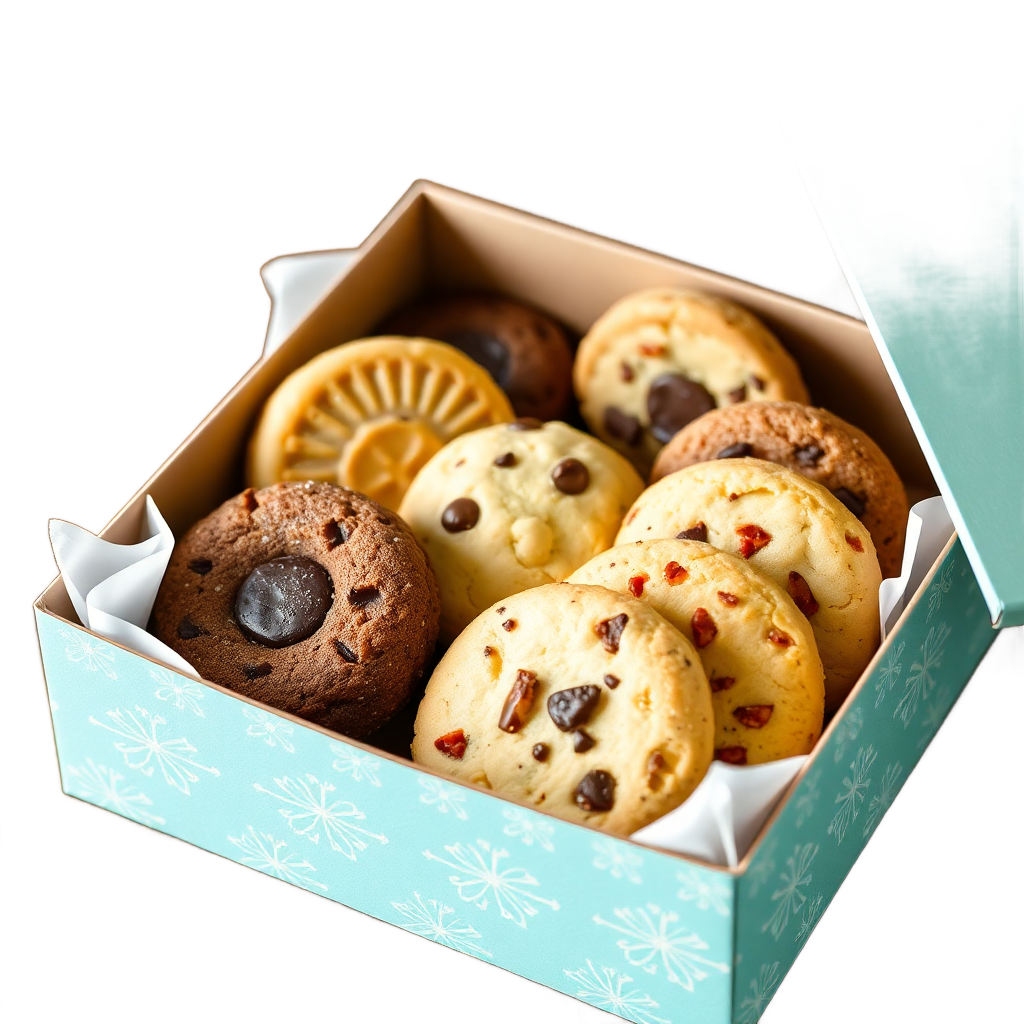 a beautifully packaged cookie box with diverse flavors inside