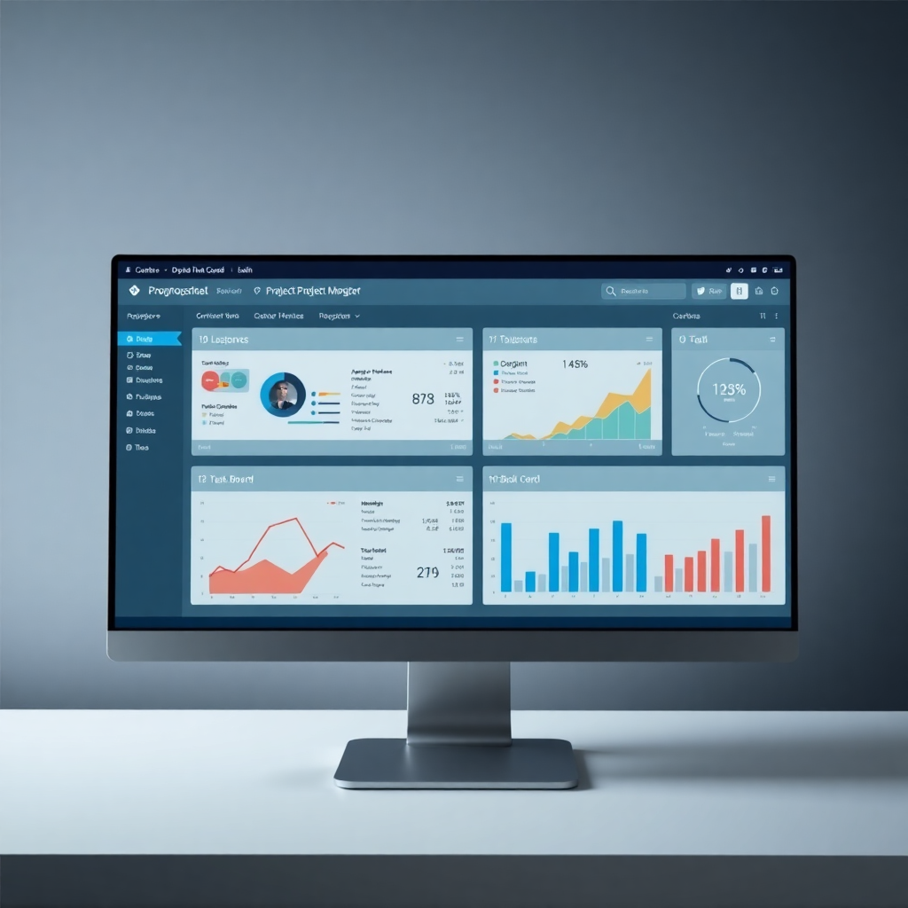 project management dashboard on desktop screen, task boards, analytics charts, team collaboration interface, professional