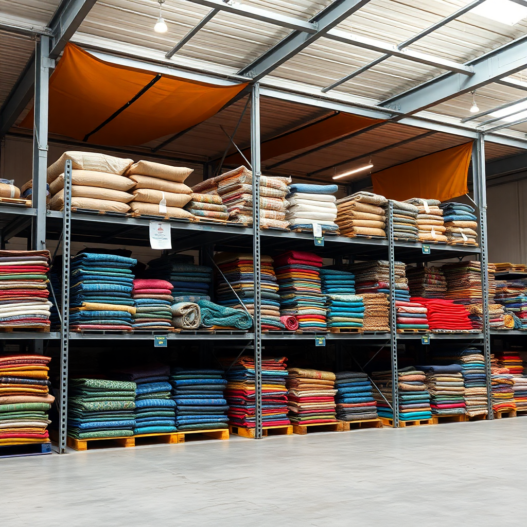 modern African textile warehouse, industrial distribution center, organized fabric storage