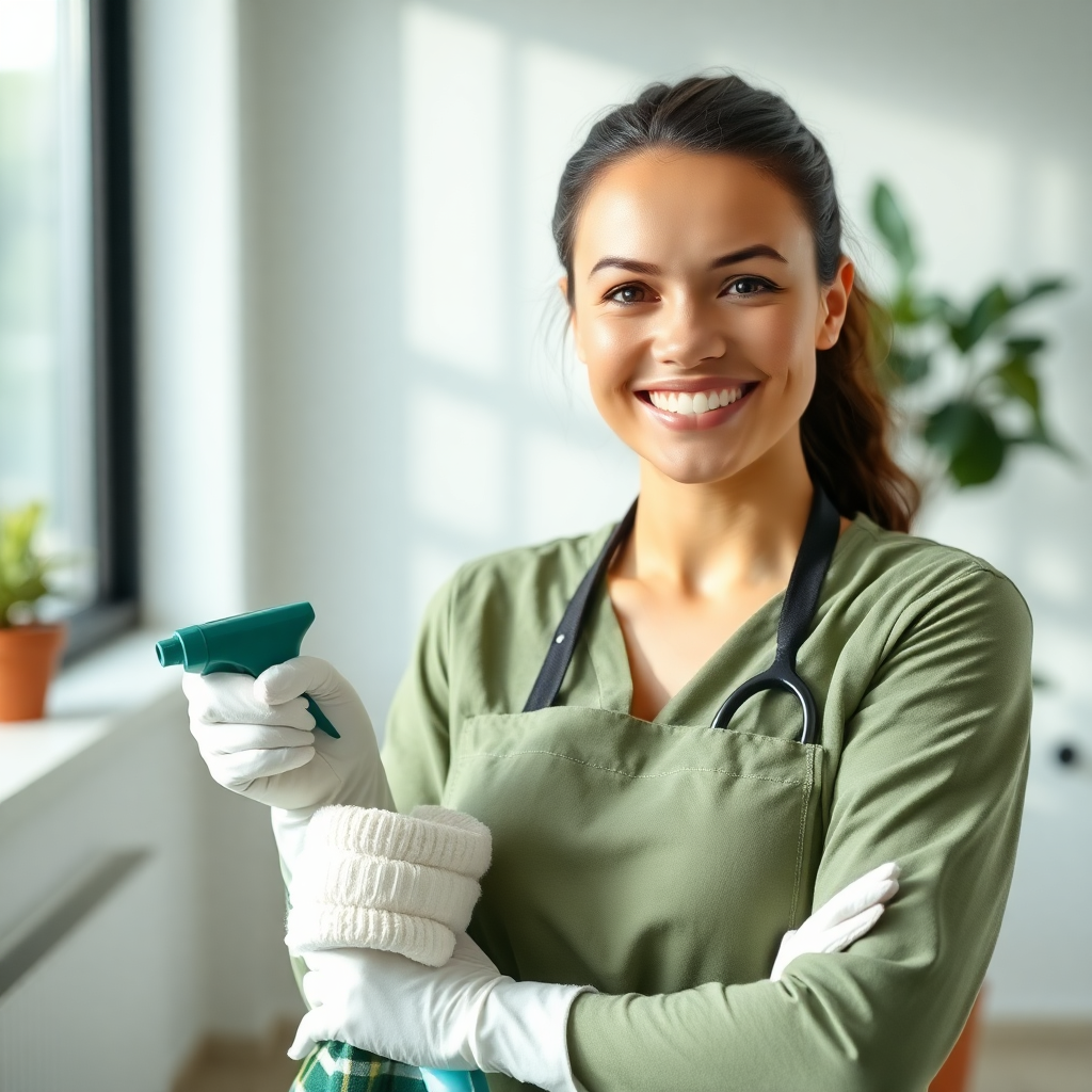 professional cleaner with eco-friendly supplies, smiling, bright indoor setting