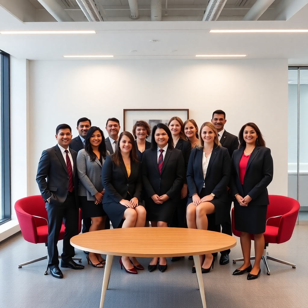 diverse legal team in modern office with Harvard crimson accents, clean minimalist design