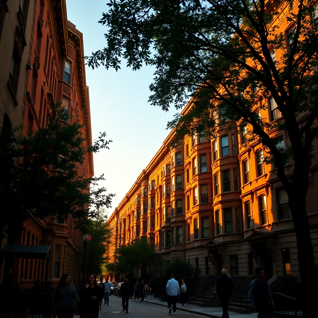 Beautiful Harlem brownstone buildings at golden hour with warm lighting, people walking on tree-lined streets, documentary photography style, warm tones