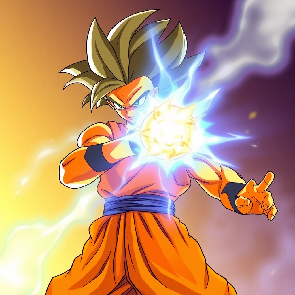 Piccolo Orange form with orange skin and powerful aura, Dragon Ball anime style