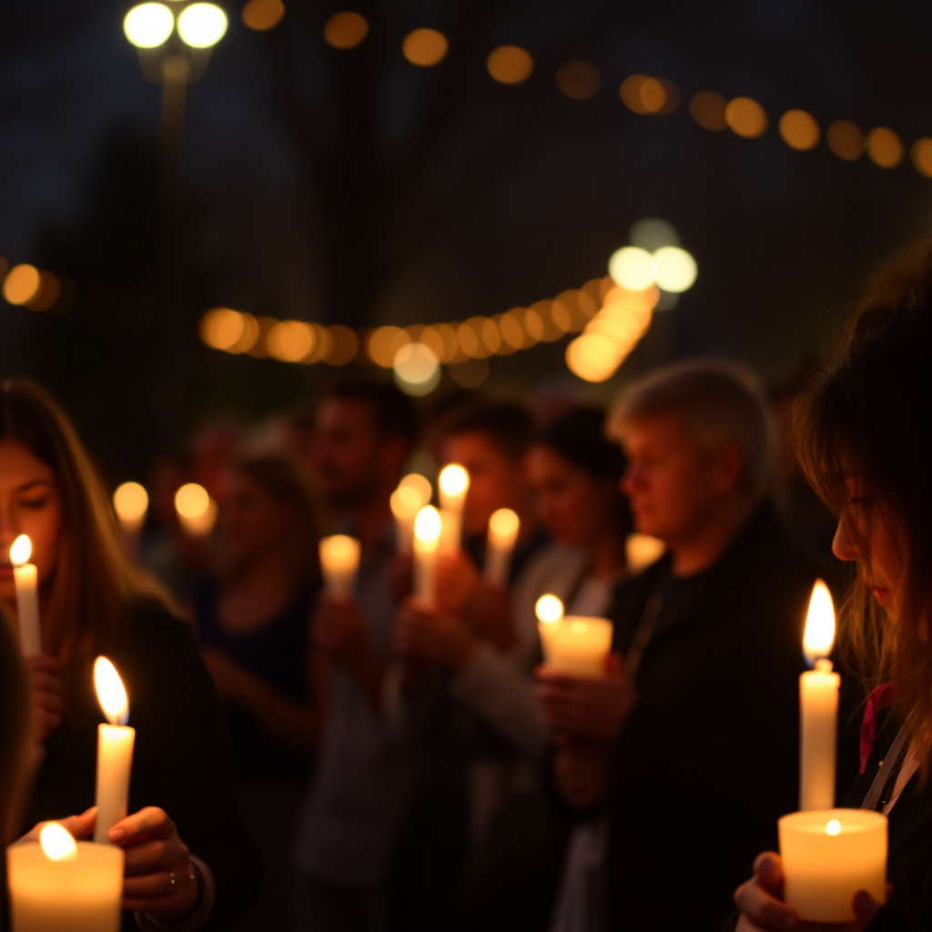 peaceful candlelight vigil, people holding candles, solemn remembrance ceremony