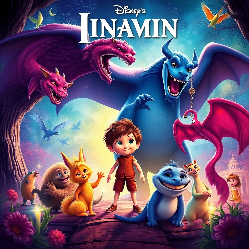 animated movie poster, vibrant colors, magical creatures