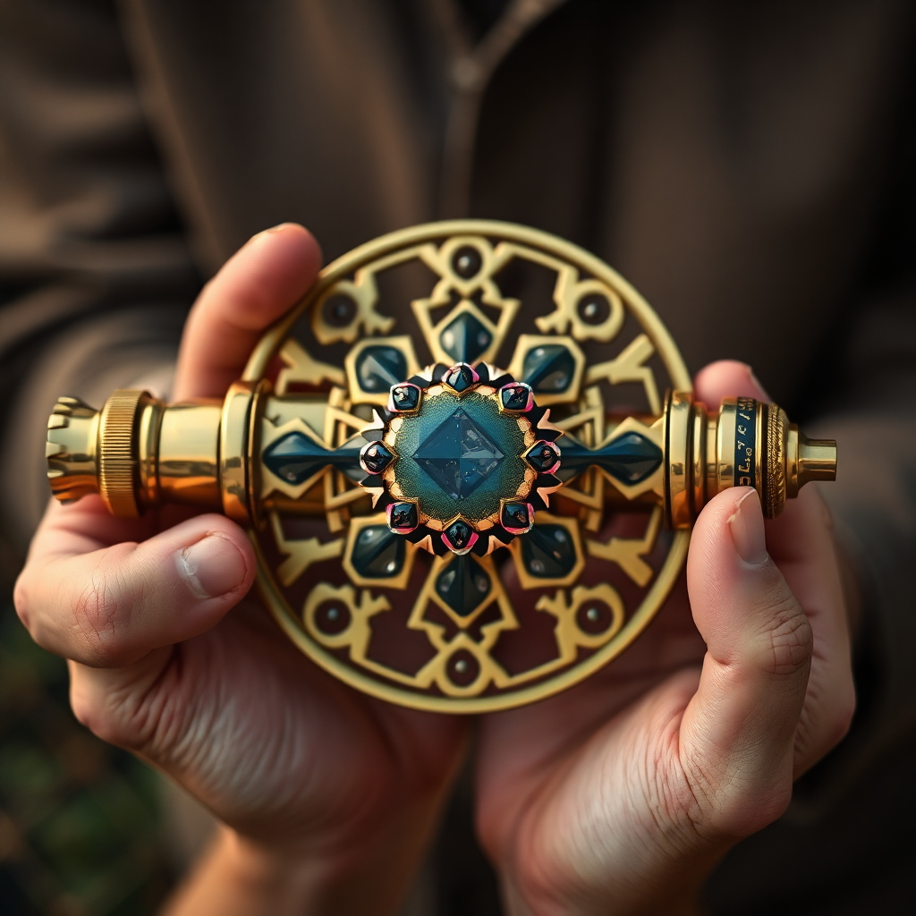 Brass kaleidoscope being held by hands, lifestyle shot
