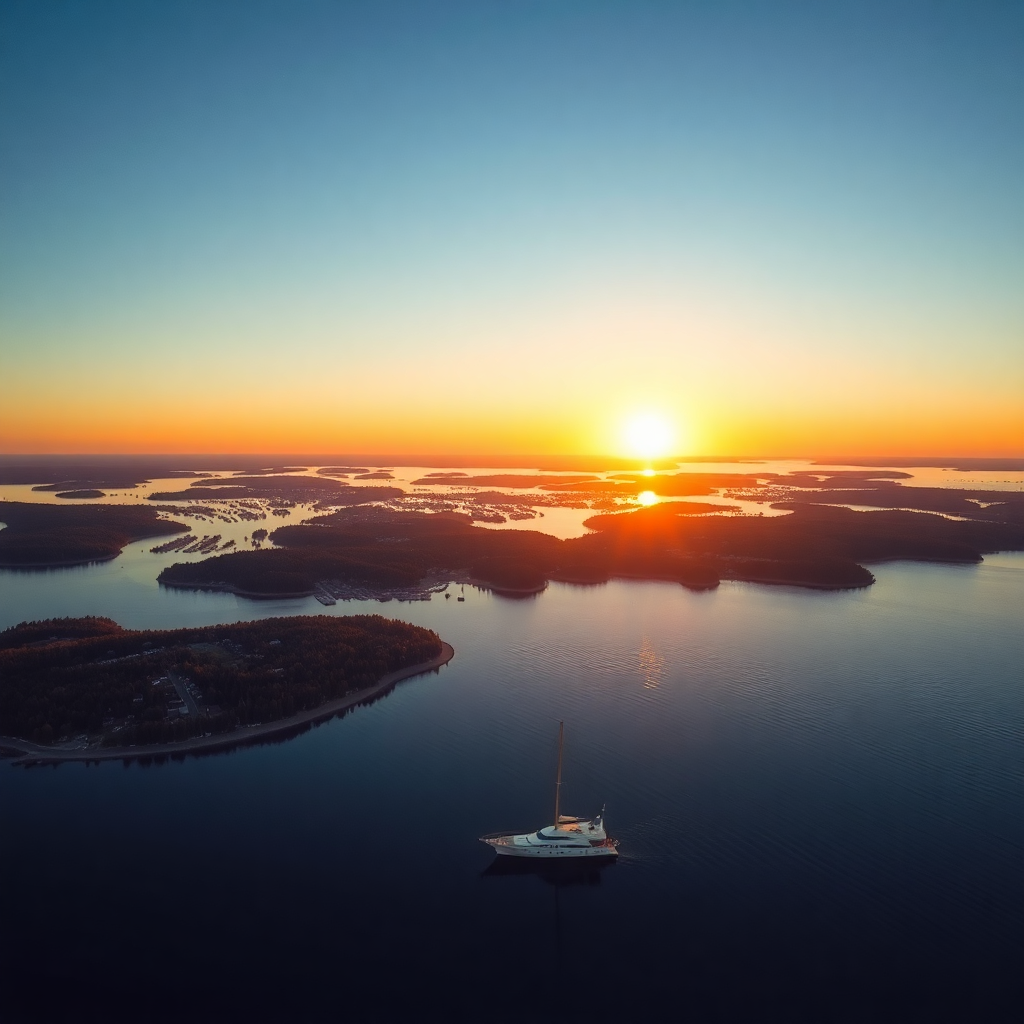 Swedish archipelago with numerous small islands, sailing yacht, sunset golden light, aerial view