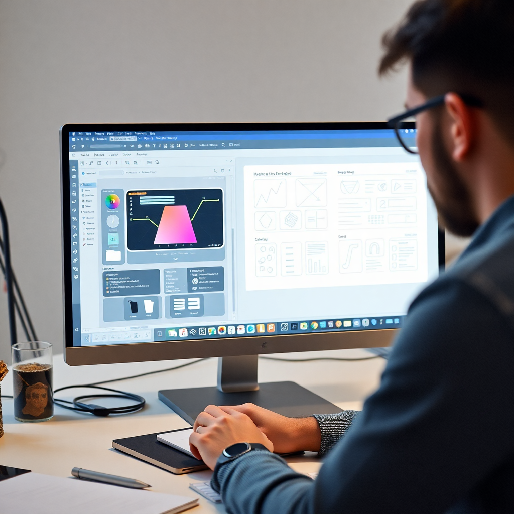 wireframing and prototyping with UI UX design tools on computer screen, professional workspace
