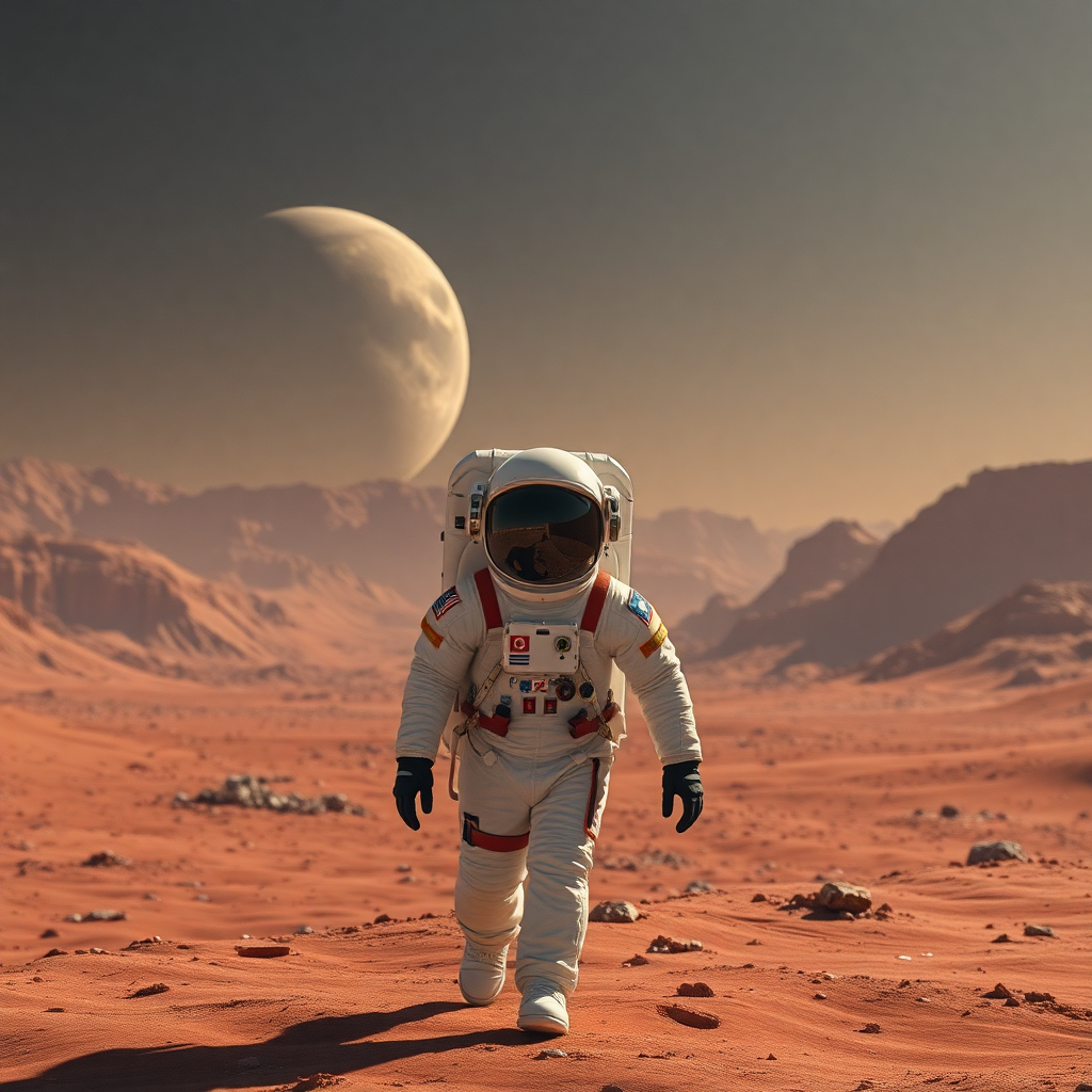 cinematic shot of an astronaut on a red desert planet