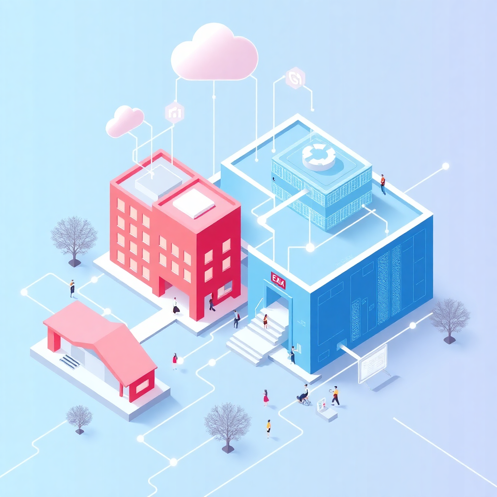 modern smart campus illustration with interconnected digital modules, students, buildings, data flows, technology network, isometric style, blue and red color scheme