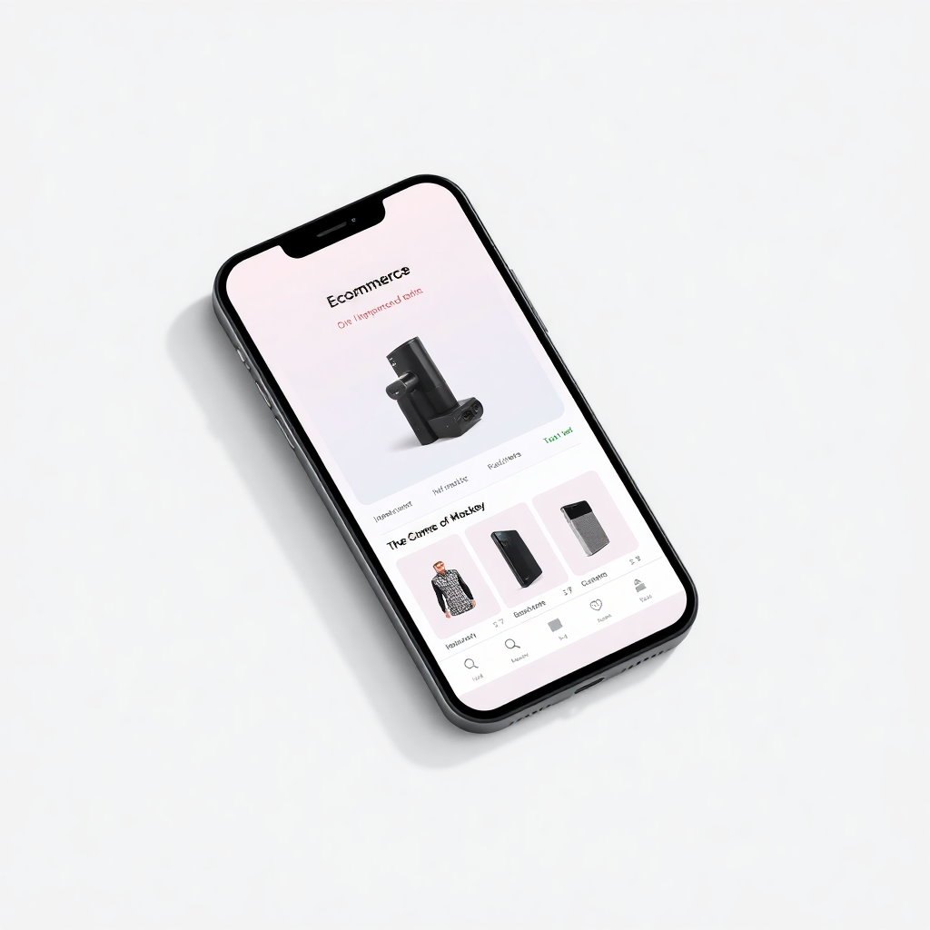 iPhone mockup met mobiele e-commerce applicatieinterface, moderne ontwerp, donkere thema