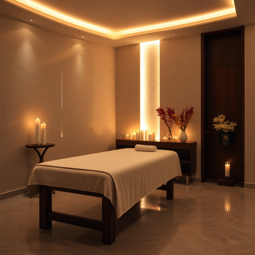 luxury hotel spa treatment room, serene ambiance, candles, massage table, tranquil atmosphere