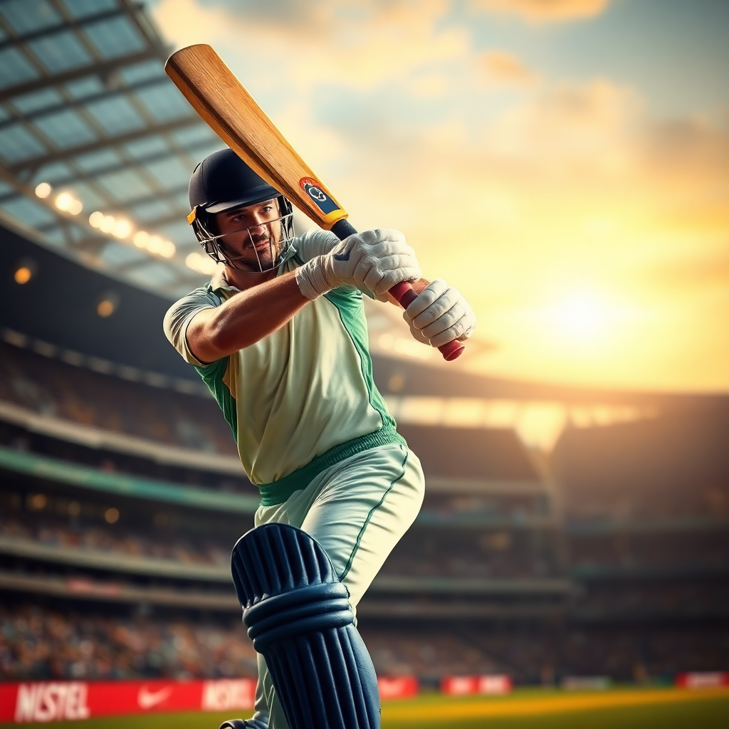 professional cricket player batting action shot in stadium, dynamic pose, HD sports photography, cinematic lighting, vibrant colors