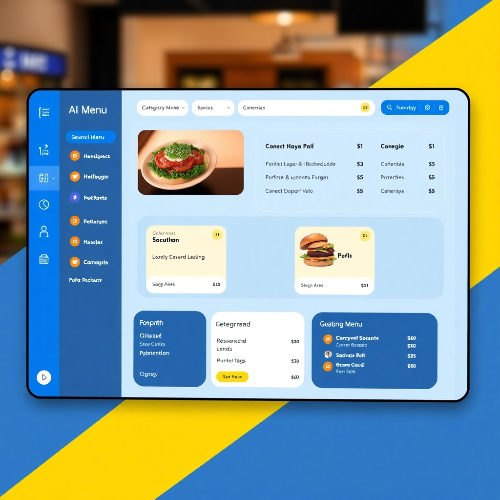 restaurant menu builder interface showing AI generating menu items with prices and categories, modern UI with blue and yellow accents