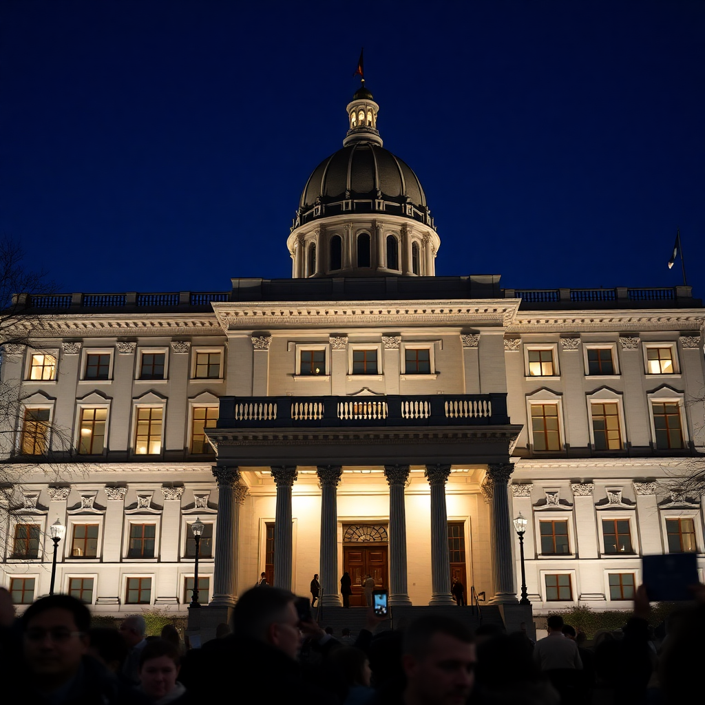 Professional political rally or government building exterior subtle lighting