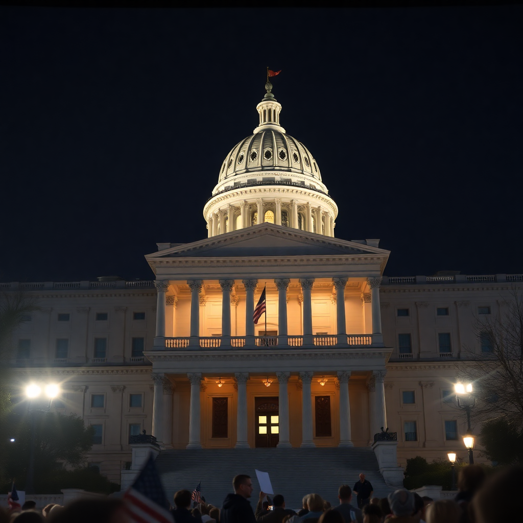 Professional political rally or government building exterior subtle lighting, high quality, realistic
